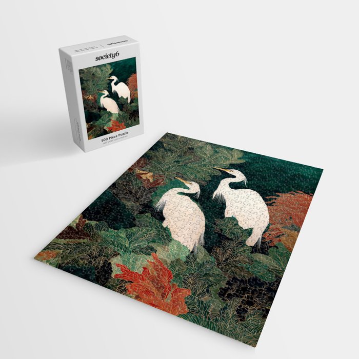 Japanese chinoiserie Bird Wall Art Maximalist Green Print Heron Painting japandi living room poster Jigsaw Puzzle Gallery Image 2