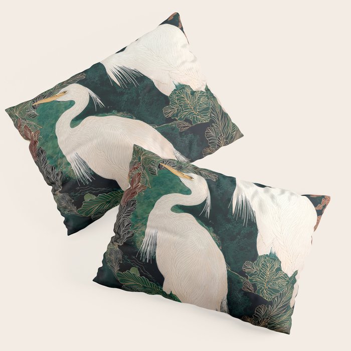 Japanese chinoiserie Bird Wall Art Maximalist Green Print Heron Painting japandi living room poster Pillow Sham Gallery Image 3