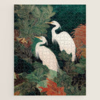 Japanese chinoiserie Bird Wall Art Maximalist Green Print Heron Painting japandi living room poster Jigsaw Puzzle Gallery Image 1