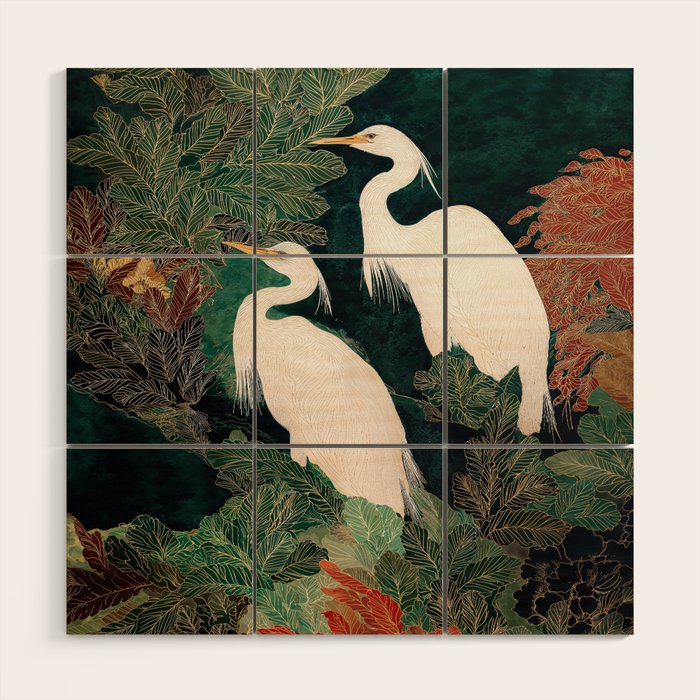 Japanese chinoiserie Bird Wall Art Maximalist Green Print Heron Painting japandi living room poster Wood Wall Art Gallery Image 1
