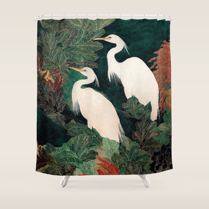 Japanese chinoiserie Bird Wall Art Maximalist Green Print Heron Painting japandi living room poster Shower Curtain Gallery Image 1