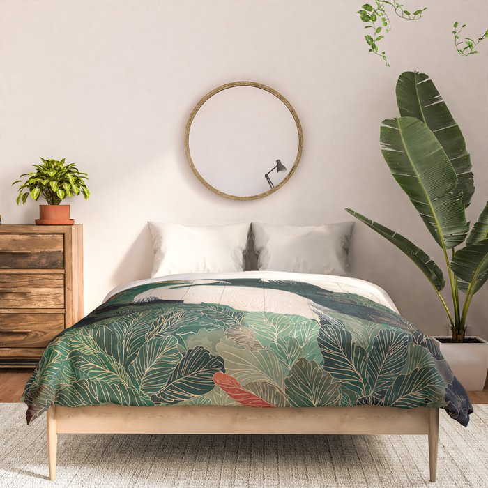 Japanese chinoiserie Bird Wall Art Maximalist Green Print Heron Painting japandi living room poster Comforter Gallery Image 3