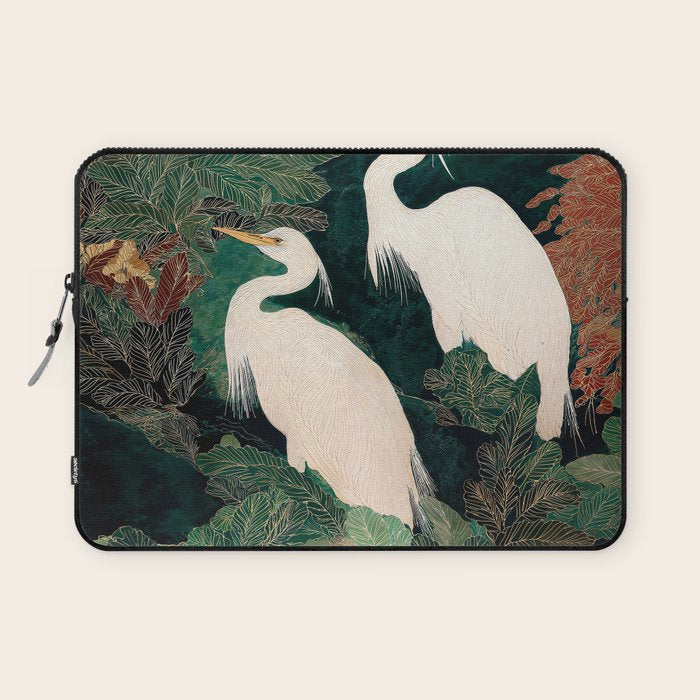 Japanese chinoiserie Bird Wall Art Maximalist Green Print Heron Painting japandi living room poster Laptop Sleeve Gallery Image 1