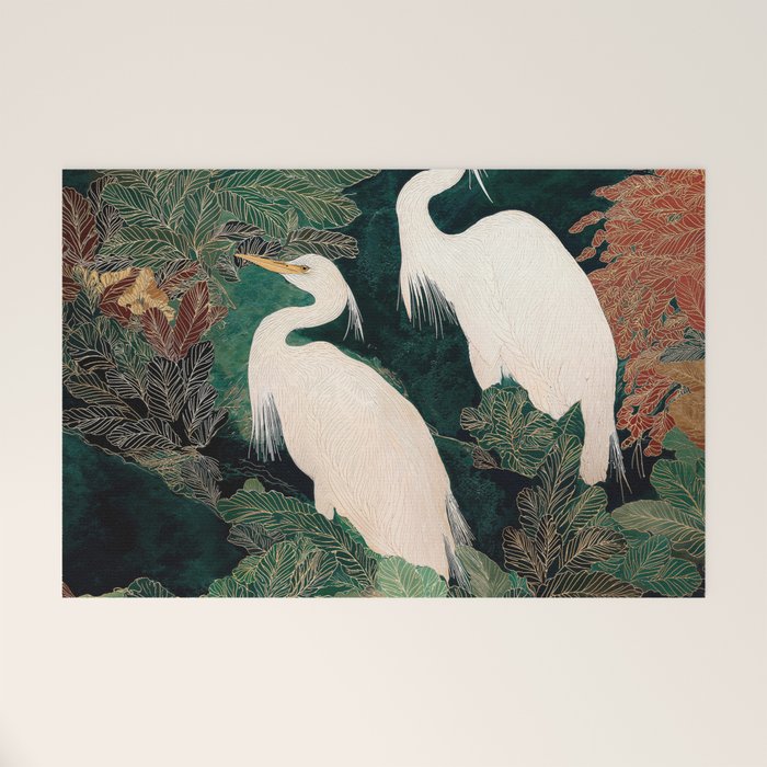Japanese chinoiserie Bird Wall Art Maximalist Green Print Heron Painting japandi living room poster Welcome Mat Gallery Image 1