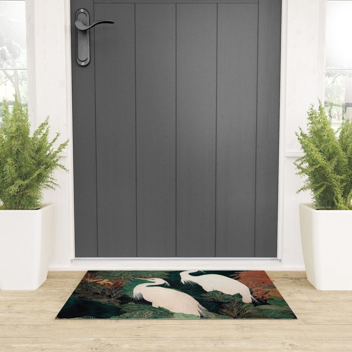 Japanese chinoiserie Bird Wall Art Maximalist Green Print Heron Painting japandi living room poster Welcome Mat Gallery Image 3