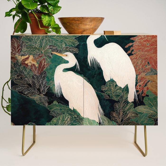 Japanese chinoiserie Bird Wall Art Maximalist Green Print Heron Painting japandi living room poster Credenza Gallery Image 1