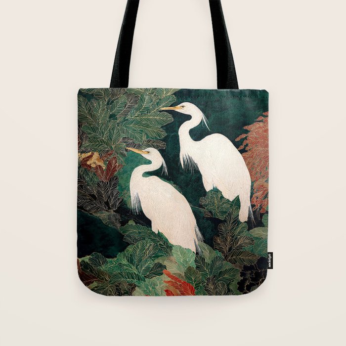 Japanese chinoiserie Bird Wall Art Maximalist Green Print Heron Painting japandi living room poster Tote Bag Gallery Image 1