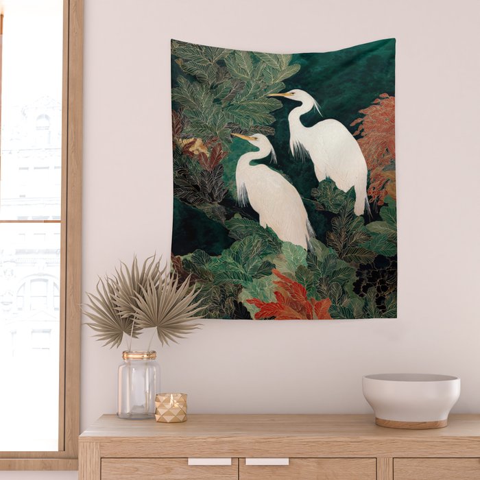 Japanese chinoiserie Bird Wall Art Maximalist Green Print Heron Painting japandi living room poster Wall Tapestry Gallery Image 2