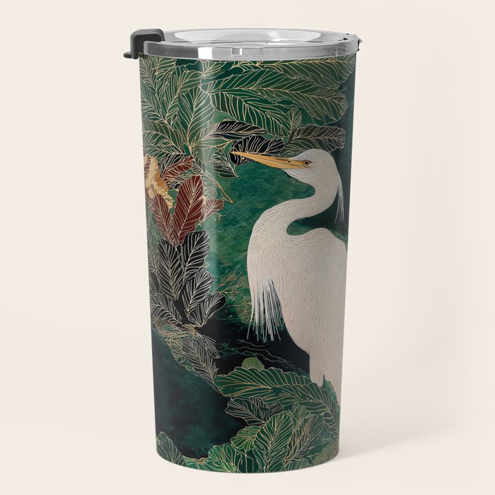 Japanese chinoiserie Bird Wall Art Maximalist Green Print Heron Painting japandi living room poster Travel Mug Gallery Image 3