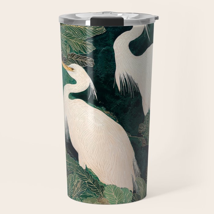 Japanese chinoiserie Bird Wall Art Maximalist Green Print Heron Painting japandi living room poster Travel Mug Gallery Image 1