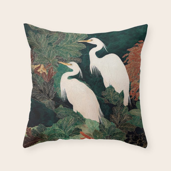 Japanese chinoiserie Bird Wall Art Maximalist Green Print Heron Painting japandi living room poster Throw Pillow Gallery Image 6