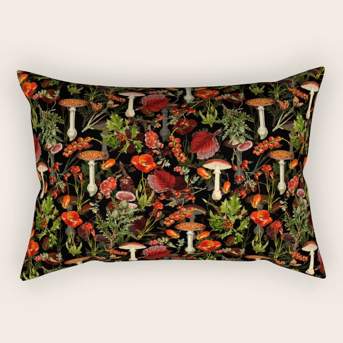 Vintage Dark Red Mushrooms And Poppies Botanical Midnight Garden Rectangular Pillow Gallery Image 2
