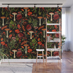 Vintage Dark Red Mushrooms And Poppies Botanical Midnight Garden Wall Mural Gallery Image 1