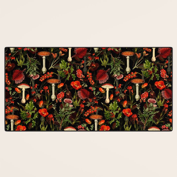 Vintage Dark Red Mushrooms And Poppies Botanical Midnight Garden Desk Mat Gallery Image 3