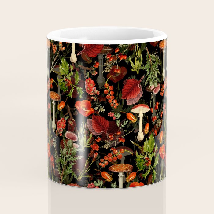 Vintage Dark Red Mushrooms And Poppies Botanical Midnight Garden Coffee Mug Gallery Image 4