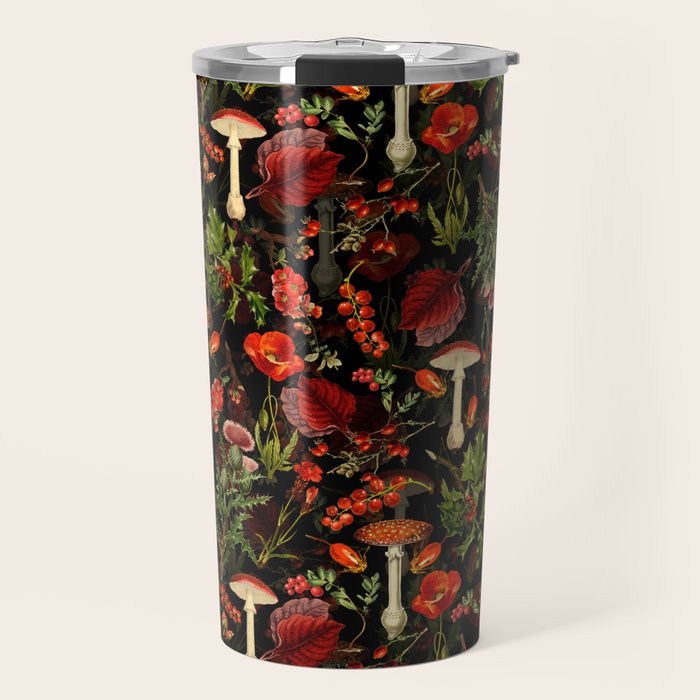 Vintage Dark Red Mushrooms And Poppies Botanical Midnight Garden Travel Mug Gallery Image 1