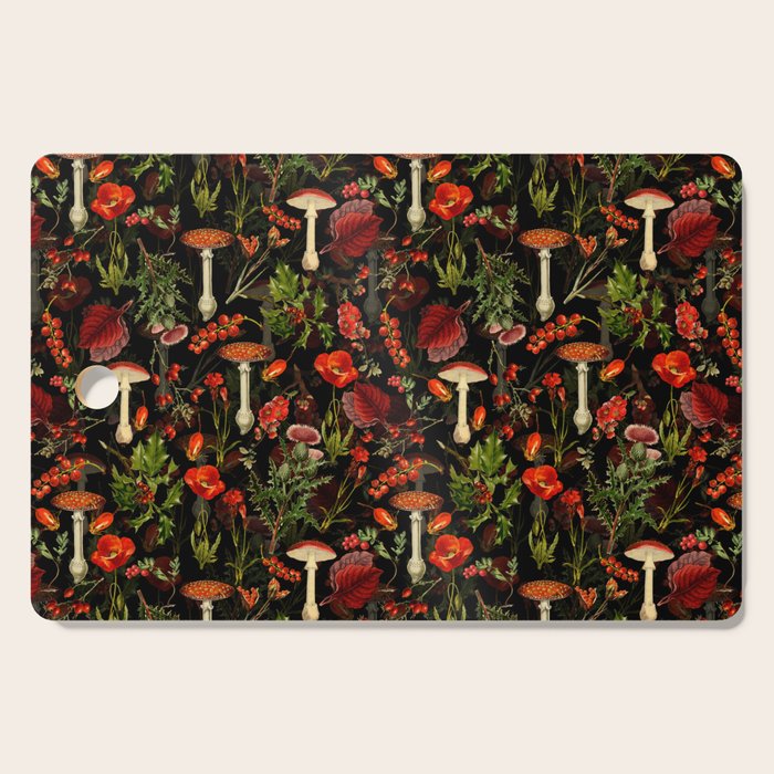 Vintage Dark Red Mushrooms And Poppies Botanical Midnight Garden Cutting Board Gallery Image 1