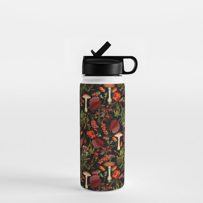 Vintage Dark Red Mushrooms And Poppies Botanical Midnight Garden Water Bottle Gallery Image 1