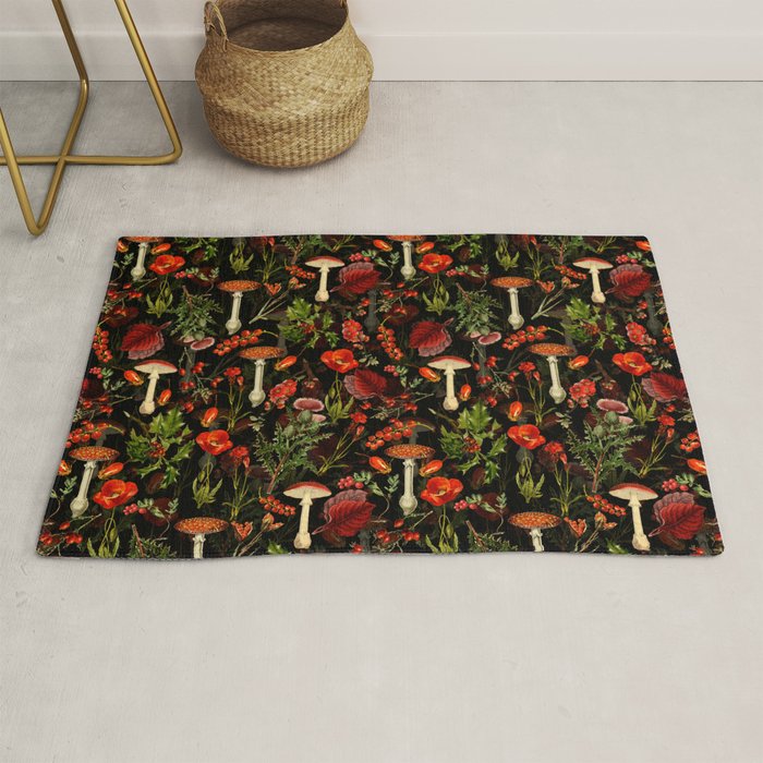 Vintage Dark Red Mushrooms And Poppies Botanical Midnight Garden Rug Gallery Image 1