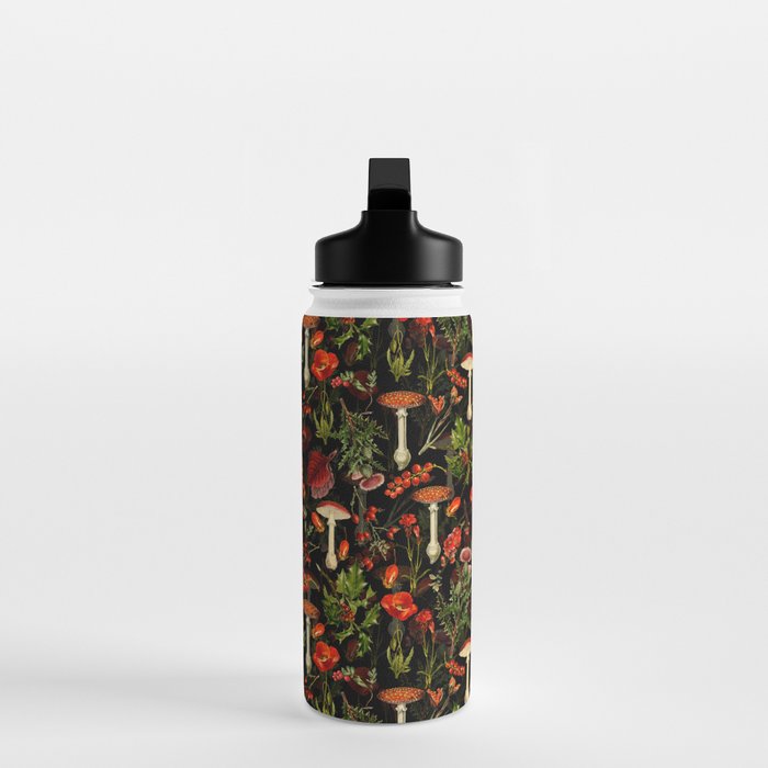 Vintage Dark Red Mushrooms And Poppies Botanical Midnight Garden Water Bottle Gallery Image 3
