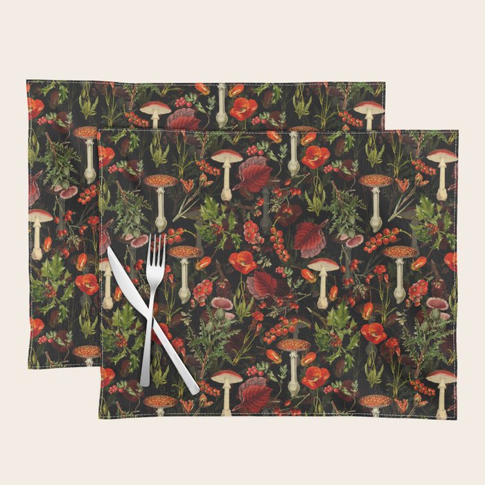 Vintage Dark Red Mushrooms And Poppies Botanical Midnight Garden Placemat Gallery Image 1