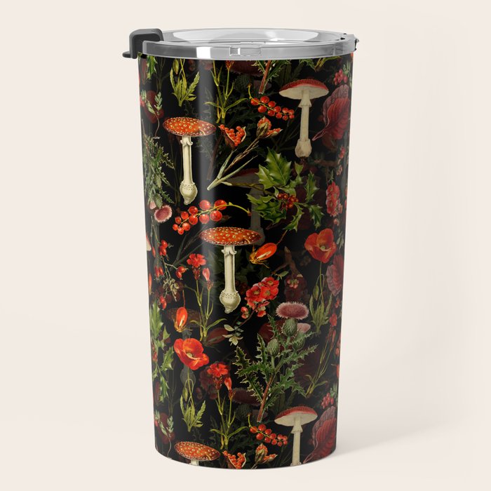 Vintage Dark Red Mushrooms And Poppies Botanical Midnight Garden Travel Mug Gallery Image 3