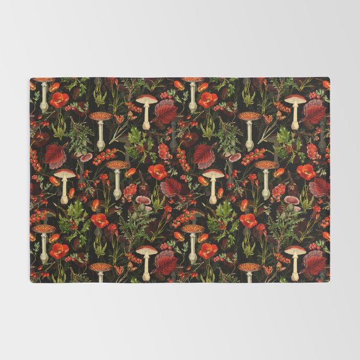 Vintage Dark Red Mushrooms And Poppies Botanical Midnight Garden Rug Gallery Image 2