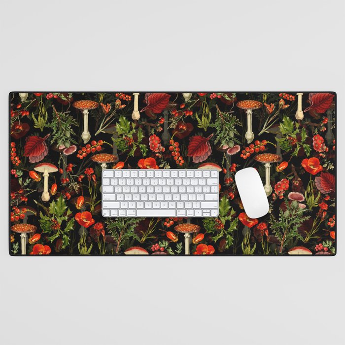 Vintage Dark Red Mushrooms And Poppies Botanical Midnight Garden Desk Mat Gallery Image 1