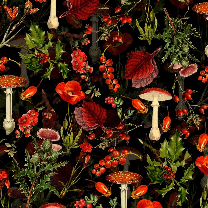 Vintage Dark Red Mushrooms And Poppies Botanical Midnight Garden Coffee Mug Gallery Image 2