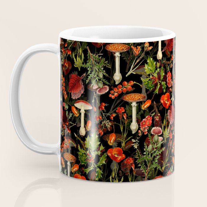 Vintage Dark Red Mushrooms And Poppies Botanical Midnight Garden Coffee Mug Gallery Image 3