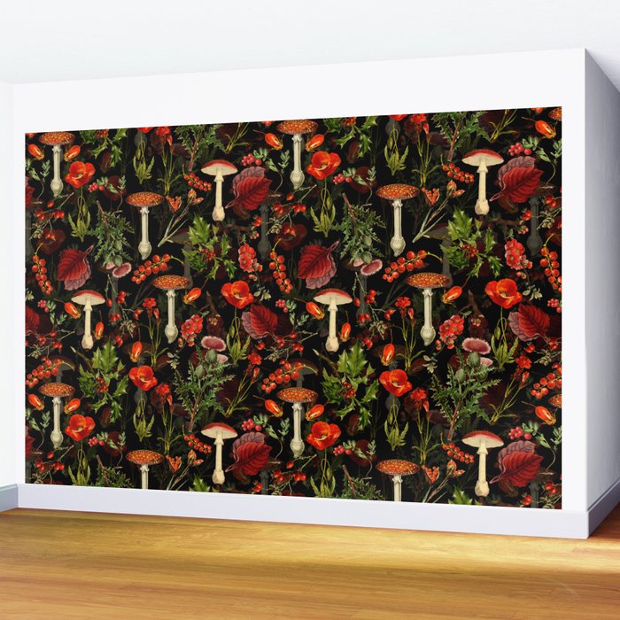 Vintage Dark Red Mushrooms And Poppies Botanical Midnight Garden Wall Mural Gallery Image 2