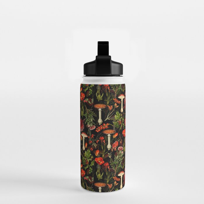 Vintage Dark Red Mushrooms And Poppies Botanical Midnight Garden Water Bottle Gallery Image 2