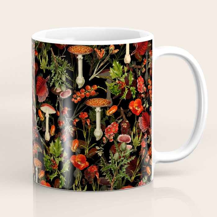 Vintage Dark Red Mushrooms And Poppies Botanical Midnight Garden Coffee Mug Gallery Image 1