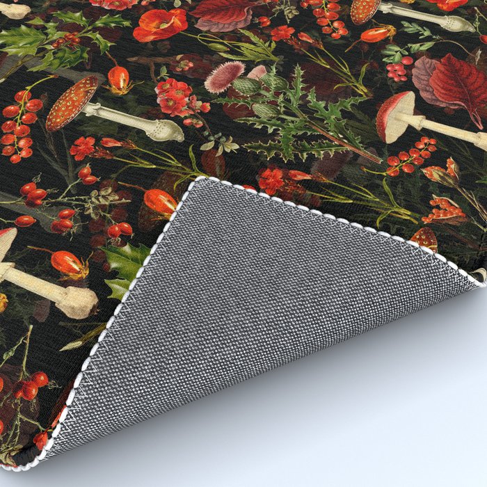 Vintage Dark Red Mushrooms And Poppies Botanical Midnight Garden Rug Gallery Image 4
