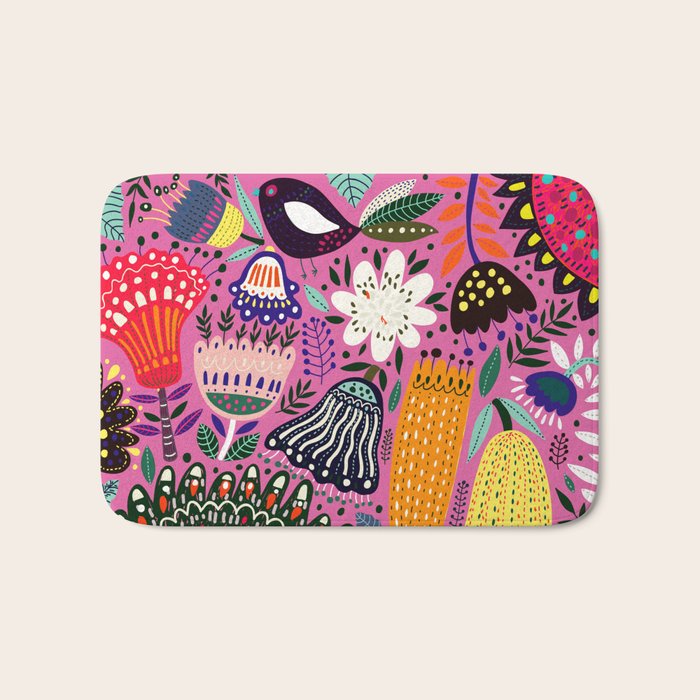 Summer Tropical Pattern Bird Flowers Bath Mat Gallery Image 1