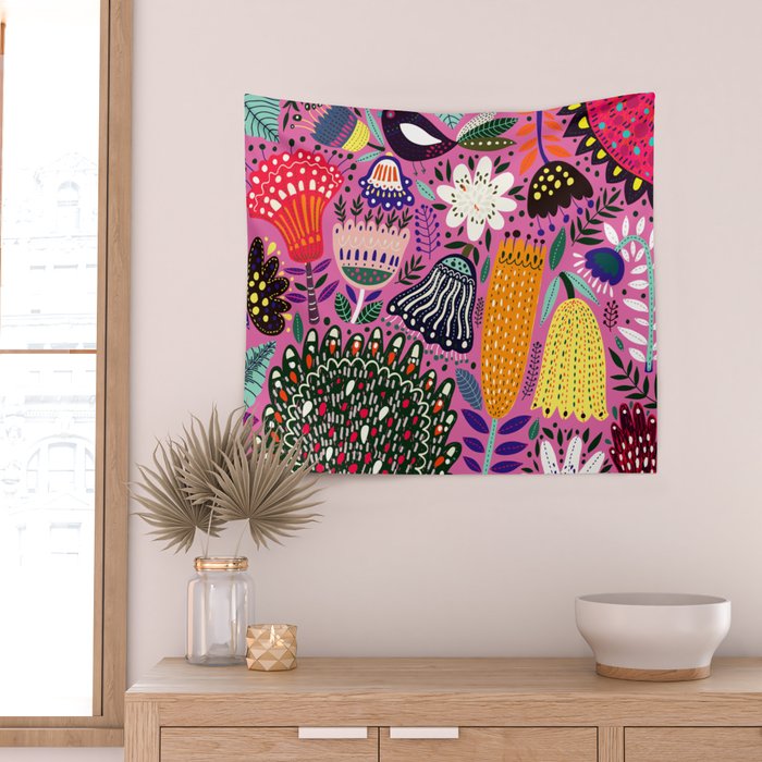 Summer Tropical Pattern Bird Flowers Wall Tapestry Gallery Image 2