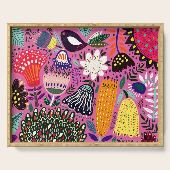 Summer Tropical Pattern Bird Flowers Serving Tray Gallery Image 1