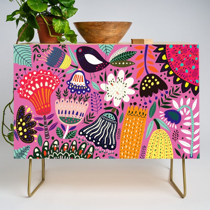 Summer Tropical Pattern Bird Flowers Credenza Gallery Image 1