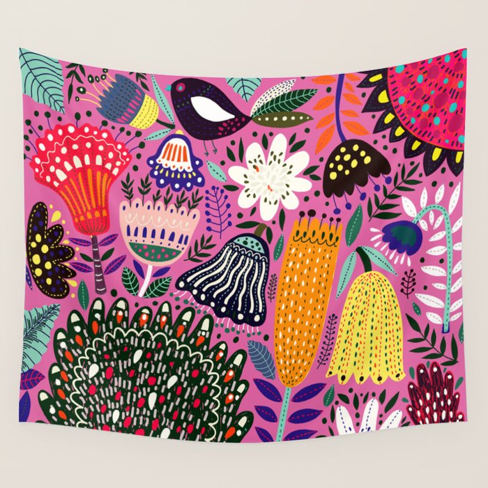 Summer Tropical Pattern Bird Flowers Wall Tapestry Gallery Image 4