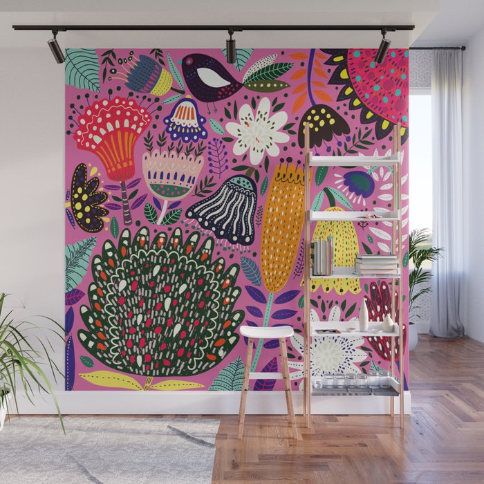 Summer Tropical Pattern Bird Flowers Wall Mural Gallery Image 1
