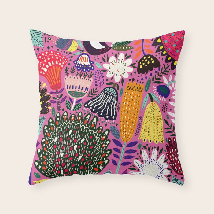 Summer Tropical Pattern Bird Flowers Throw Pillow Gallery Image 6