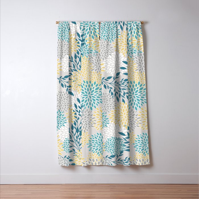 Garden Florals, Yellow, Teal, Gray Window Curtain Gallery Image 3