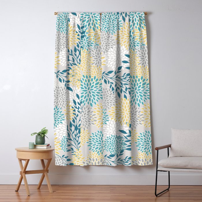 Garden Florals, Yellow, Teal, Gray Window Curtain Gallery Image 1