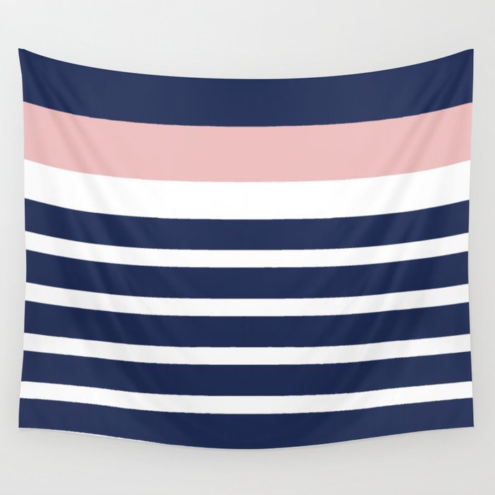 Cheerful Striped Pattern in Navy Blue, Pink, and White Wall Tapestry Gallery Image 1