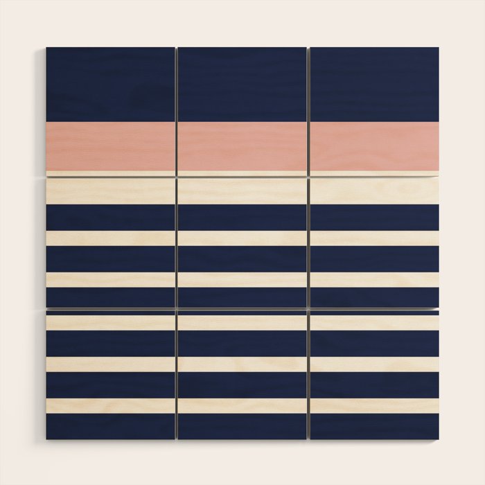 Cheerful Striped Pattern in Navy Blue, Pink, and White Wood Wall Art Gallery Image 1