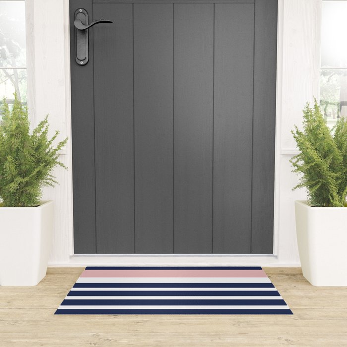 Cheerful Striped Pattern in Navy Blue, Pink, and White Welcome Mat Gallery Image 3