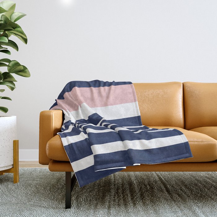 Cheerful Striped Pattern in Navy Blue, Pink, and White Throw Blanket Gallery Image 1