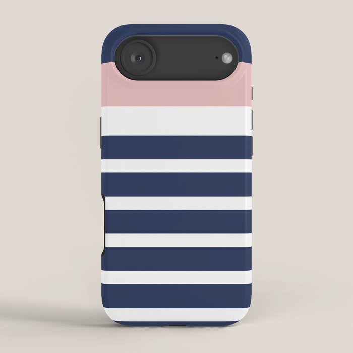 Cheerful Striped Pattern in Navy Blue, Pink, and White iPhone Case Gallery Image 2