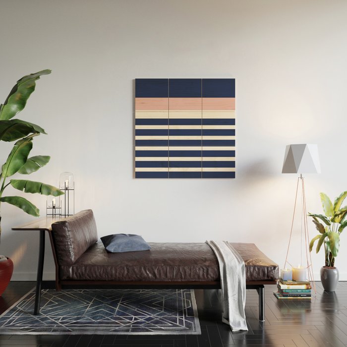 Cheerful Striped Pattern in Navy Blue, Pink, and White Wood Wall Art Gallery Image 2