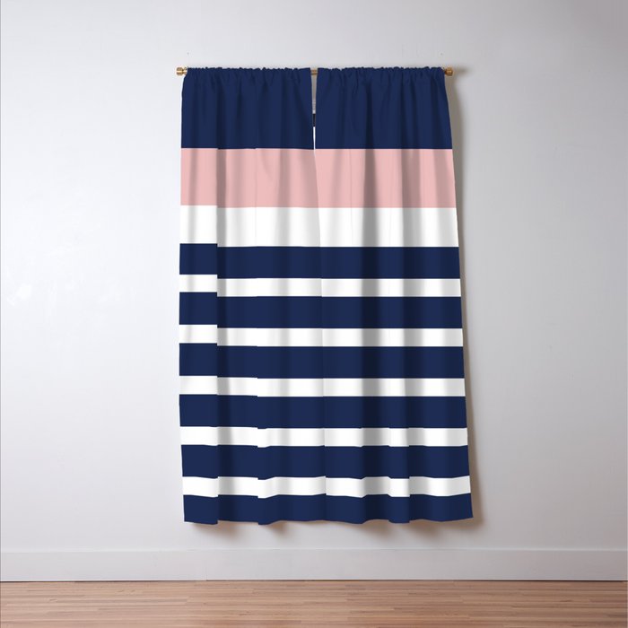 Cheerful Striped Pattern in Navy Blue, Pink, and White Window Curtain Gallery Image 3